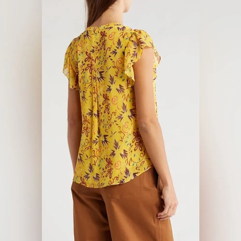 NWT A.L.C. Birds of Paradise 100% Silk Yellow Top Blouse Floral Size M